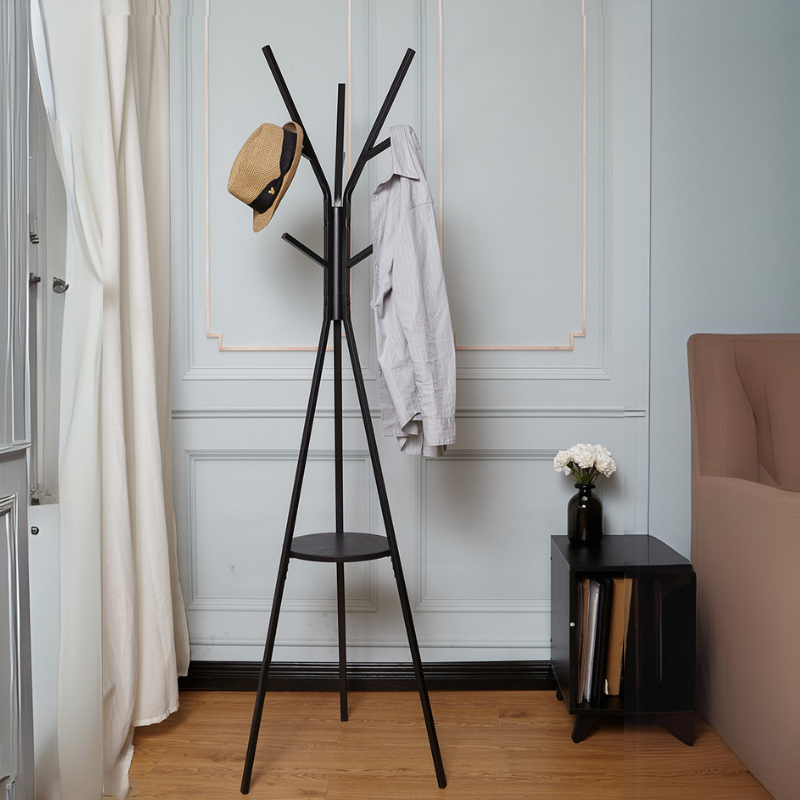 Cuier haine cu suport din lemn pentru accesorii, 9 carlige, otel carbon
