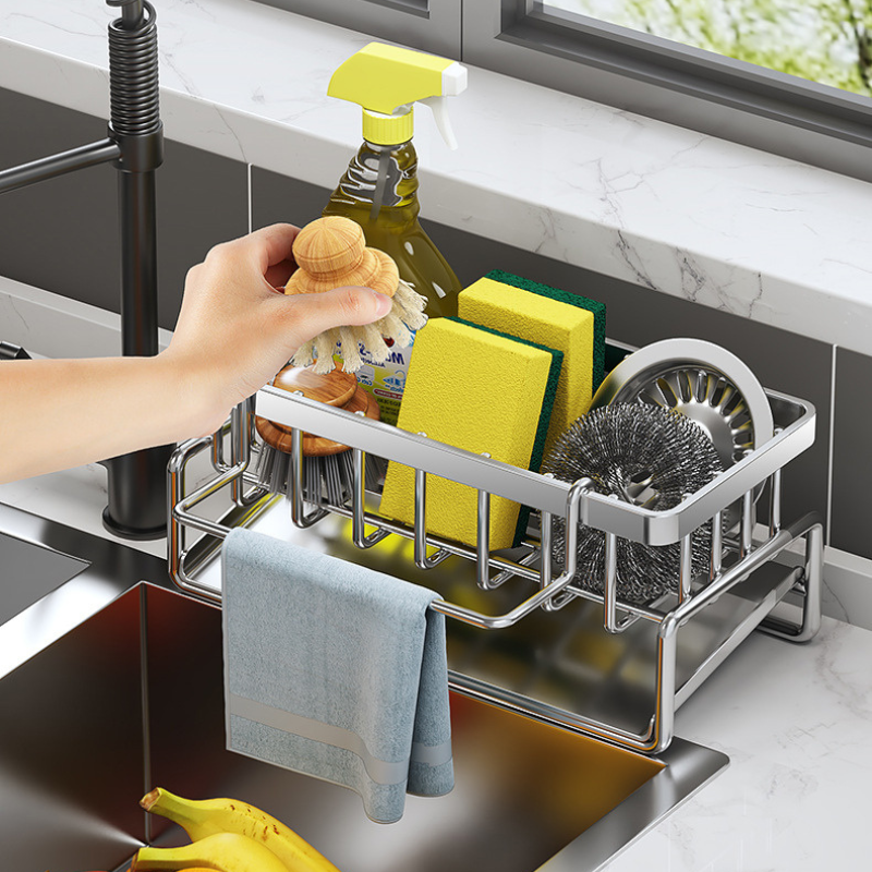 Suport din inox cu scurgere pentru burete vase