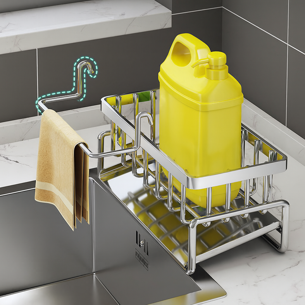Suport din inox cu scurgere pentru burete vase