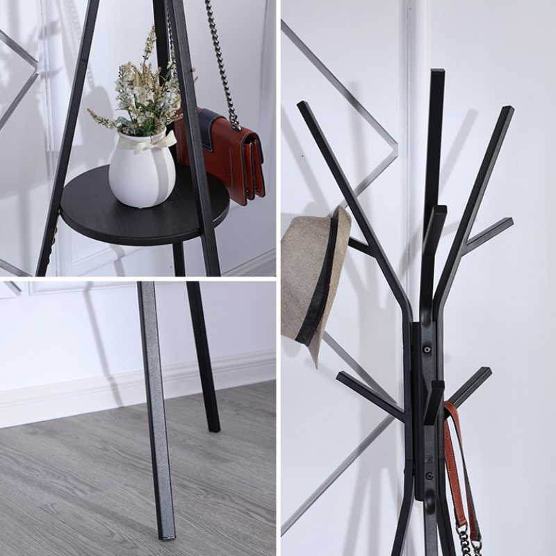 Cuier haine cu suport din lemn pentru accesorii, 9 carlige, otel carbon